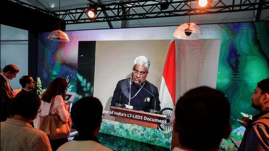 Union minister for environment Bhupender Yadav at a news conference, as India publishes a long term emissions strategy, during the COP27 climate summit, in Sharm el-Sheikh, Egypt. (REUTERS)
