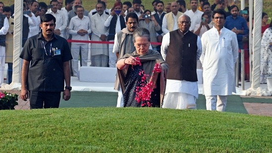 Congress president Mallikarjun Kharge, former party chief Sonia Gandhi and All India Congress Committee (AICC) general secretary in-charge organisation K C Venugopal, among others, offered floral tributes at Nehru's memorial Shantivan in New Delhi.(ANI)