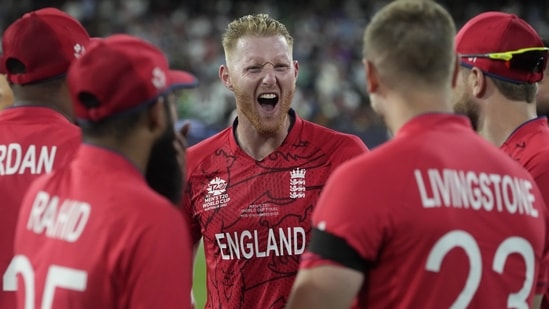 England's Ben Stokes, center, celebrates with teammates after their win against Pakistan in the final of the T20 World Cup (AP)