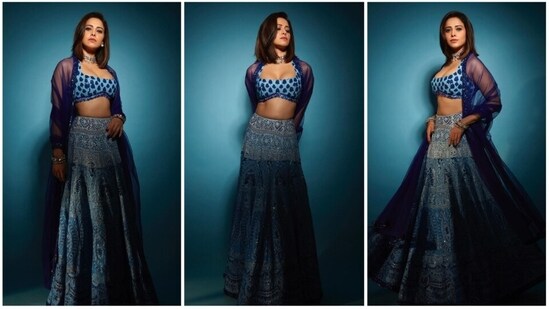 Nushrratt Bharuccha often leaves fans enchanted with her dreamy avatars. The actor once again made jaws drop as she shared a series of images of herself in a gorgeous blue embellished lehenga by Manish Malhotra.(Instagram/@nushrrattbharuccha)
