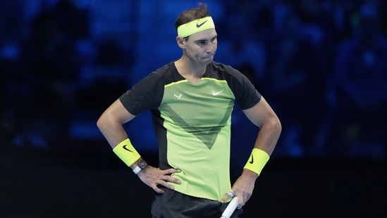 Spain's Rafael Nadal reacts after missing a point against United States' Taylor Fritz during their singles tennis match of the ATP World Tour Finals(AP) Spain's Rafael Nadal reacts after missing a point against United States' Taylor Fritz during their singles tennis match of the ATP World Tour Finals(AP)