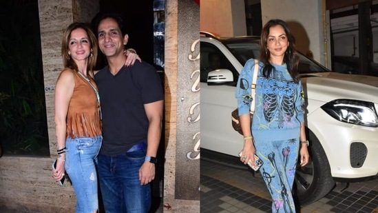 Sussanne Khan, Arslan Goni, and Seema Sajdeh arrive at the Bunty Sajdeh party on Sunday.
