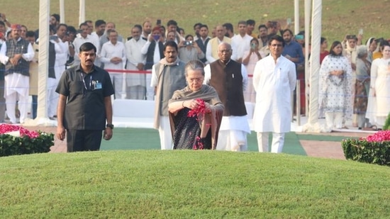 Congress leader Sonia Gandhi and newly elected party president Mallikarjun Kharge at the Shanti Van memorial in Delhi on Monday.