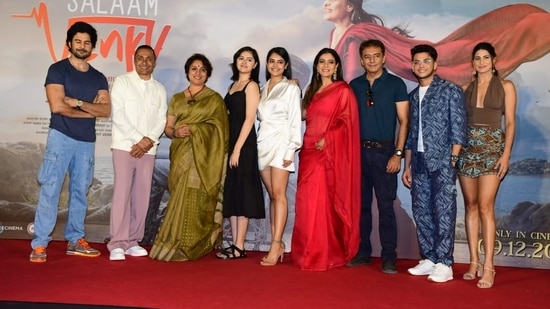Salaam Venky director Revathi with the entire star cast of the film including Rajeev Khandelwal, Rahul Bose, Kajol, Vishal Jethwa and Aahana Kumra at the trailer launch of the film in Mumbai on Monday. (Varinder Chawla)