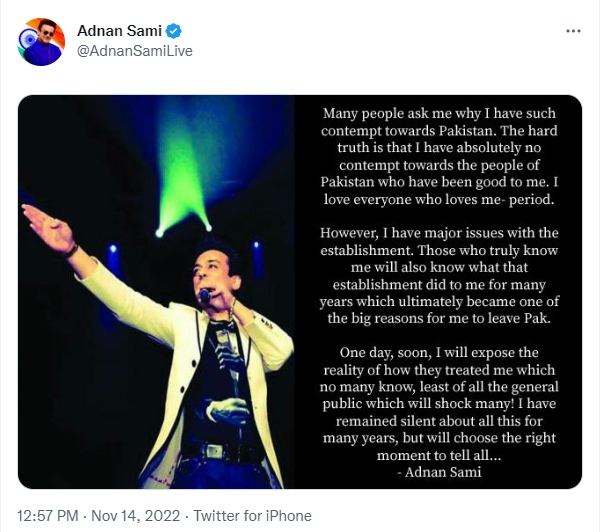 Adnan Sami's tweet on Pakistan.