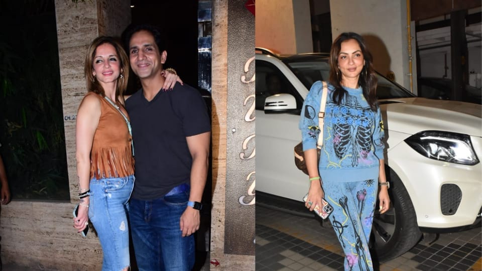 Sussanne Khan, Arslan Goni, and Seema Sajdeh arrive at the Bunty Sajdeh party on Sunday. Sussanne Khan, Arslan Goni, and Seema Sajdeh arrive at the Bunty Sajdeh party on Sunday.