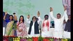 Jharkhand chief minister Hemant Soren with JMM Supremo Shibhu Soren, and state Congress In-charge Avinash Pandey and others at the statehood day function in Ranchi on Tuesday. (ANI) Jharkhand chief minister Hemant Soren with JMM Supremo Shibhu Soren, and state Congress In-charge Avinash Pandey and others at the statehood day function in Ranchi on Tuesday. (ANI)