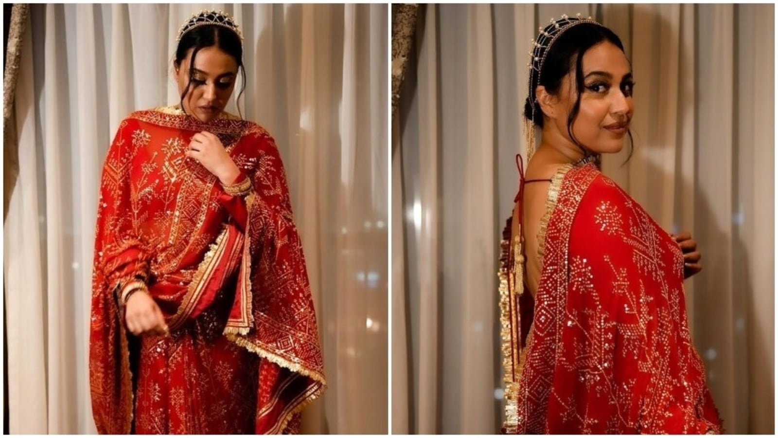 Swara Bhasker drapes red embroidered saree like a dupatta at Cairo Film Festival red carpet. Would you try this look?