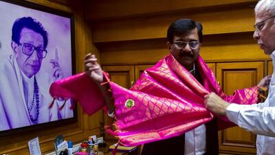 Inside his cabin, dressed in all grey, Sanjay Raut was smiling but still looking a bit wan as the three months in prison have taken their toll. (Anshuman Poyrekar/HT PHOTO)