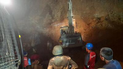 Rescue operations underway at the stone quarry in Hnahthial, Mizoram, on Tuesday. (BSF Mizoram twitter) Rescue operations underway at the stone quarry in Hnahthial, Mizoram, on Tuesday. (BSF Mizoram twitter)