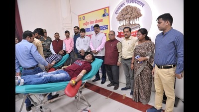 : Blood donation camp underway at AU on Tuesday. (ht photo)