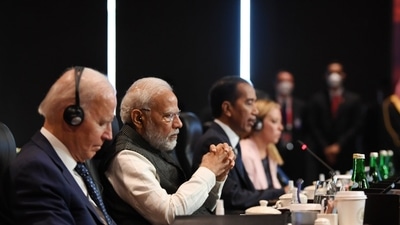 PM Modi and Joe Biden attend the G20 session. (MEA/ Twitter) PM Modi and Joe Biden attend the G20 session. (MEA/ Twitter)