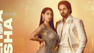 Ayushmann Khurrana and Nora Fatehi's poster from upcoming song Jehda Nasha. Ayushmann Khurrana and Nora Fatehi's poster from upcoming song Jehda Nasha.