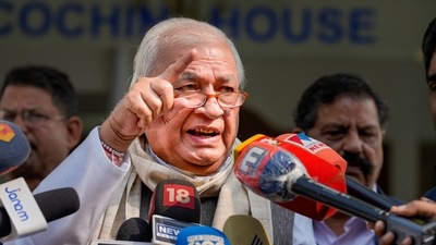 Kerala governor Arif Mohammad Khan speaks to media in New Delhi on Tuesday. (PTI)