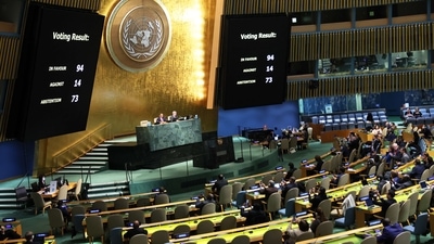 Members of the General Assembly vote on a draft resolution during a special session in the General Assembly Hall at United Nations Headquarters on November 14, 2022 in New York City. (AFP) Members of the General Assembly vote on a draft resolution during a special session in the General Assembly Hall at United Nations Headquarters on November 14, 2022 in New York City. (AFP)