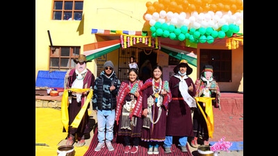 Voters show their ink-marked fingers after casting their votes for Himachal Pradesh assembly elections at a polling booth in Tashigang in Kinnaur on Saturday. Tashigang is the world's highest polling station at 15,256 feet. (ANI) Voters show their ink-marked fingers after casting their votes for Himachal Pradesh assembly elections at a polling booth in Tashigang in Kinnaur on Saturday. Tashigang is the world's highest polling station at 15,256 feet. (ANI)