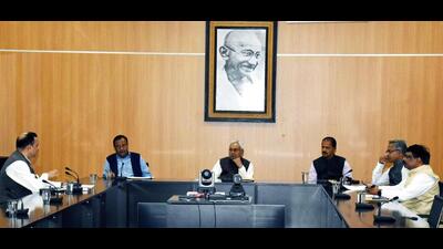 Bihar chief minister Nitish Kumar chairs a meeting in Patna on Tuesday. (Santosh Kumar/HT Photo)