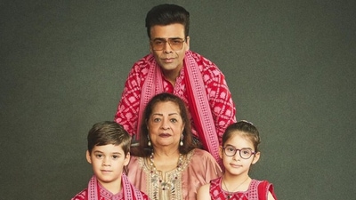 Karan Johar with his mom, Hiroo Johar and kids, Yash and Roohi Johar.