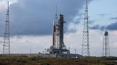 NASA's Space Launch System (SLS) rocket with the Orion spacecraft atop rests on launch pad 39B as final preparations are made for the Artemis I mission at NASA's Kennedy Space Center. (AFP) NASA's Space Launch System (SLS) rocket with the Orion spacecraft atop rests on launch pad 39B as final preparations are made for the Artemis I mission at NASA's Kennedy Space Center. (AFP)