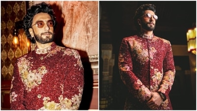 Recently, Ranveer donned another Sabyasachi outfit for attending the Marrakech International Film Festival. He wore a red embellished floral sherwani and churidar pants with ear studs, tinted sunglasses and a watch. (Instagram) Recently, Ranveer donned another Sabyasachi outfit for attending the Marrakech International Film Festival. He wore a red embellished floral sherwani and churidar pants with ear studs, tinted sunglasses and a watch. (Instagram)