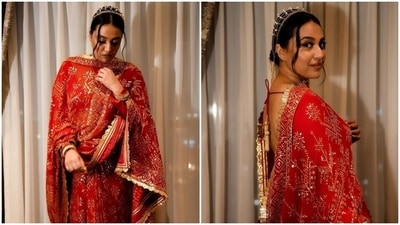 Swara Bhasker walks the red carpet at Cairo International Film Festival in red embroidered saree by Abu Jani Sandeep Khosla. (Instagram) Swara Bhasker walks the red carpet at Cairo International Film Festival in red embroidered saree by Abu Jani Sandeep Khosla. (Instagram)