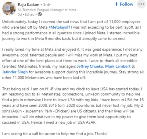 Man's post on losing job at Meta. (LinkedIn/@RajuKadam)