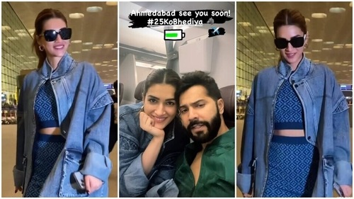 Kriti Sanon and Varun Dhawan fly to Ahemdabad for Bhediya promotions. (Instagram)