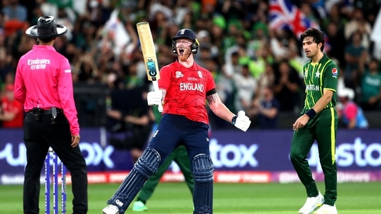 England's Ben Stokes celebrates their win in the ICC men's Twenty20 World Cup final(AFP)