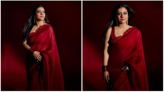 Kajol has kickstarted the promotions of her upcoming film Salaam Venky which is slated to release on December 9. Recently, she stepped out for a promotional event of the film in a stunning deep red solid saree.(Instagram/@kajol)