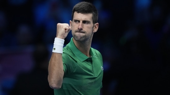 Serbia's Novak Djokovic celebrates after winning against Stefanos Tsitsipas during their singles tennis match of the ATP World Tour Finals(AP)