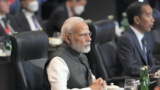 Prime Minister Narendra Modi attends a working session on food and energy security at the G20 Summit, in Bali, Indonesia, Tuesday, Nov. 15, 2022. (PTI Photo)(PTI)