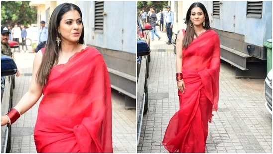 Kajol strikes poses for the paparazzi as she arrives to promote her film Salaam Venky.(HT Photo/Varinder Chawla)