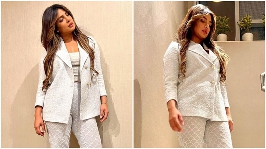 Priyanka Chopra wore this handcrafted chikankari pantsuit during her India visit. (Instagram)