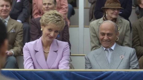 Princess Diana played by Elizabeth Debicki and Mohamed Al-Fayed played by Salim Daw. 