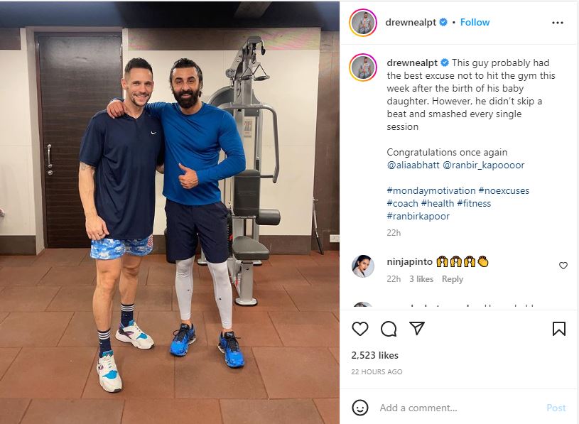 Ranbir's coach Drew Neal posted a photo with Ranbir as they stood inside a gym.