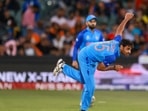 India's Bhuvneshwar Kumar bowls during a T20 World Cup match