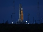 The Artemis 1 moon rocket and the Orion spacecraft bathed in light on Launch Pad 39B.(AFP)