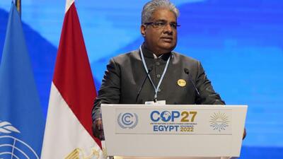 Union minister for environment, forest & climate change, Bhupender Yadav at the UN Climate Summit, COP27. (AP) Union minister for environment, forest & climate change, Bhupender Yadav at the UN Climate Summit, COP27. (AP)