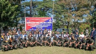 The surrenderers will stay in a rehabilitation camp for three years. (Twitter/N Biren Singh) The surrenderers will stay in a rehabilitation camp for three years. (Twitter/N Biren Singh)