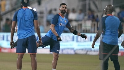 India's Virat Kohli, center, trains ahead of a match between India and Australia (AP)