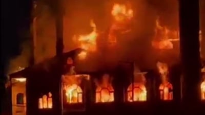 Massive fire breaks out at Jamia Masjid in Drass area of Kargil. (ANI)