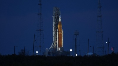 The Artemis 1 moon rocket and the Orion spacecraft bathed in light on Launch Pad 39B. (AFP) The Artemis 1 moon rocket and the Orion spacecraft bathed in light on Launch Pad 39B. (AFP)