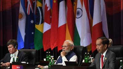 Prime Minister Narendra Modi at the G20 Summit in Bali, Indonesia on Tuesday. (Twitter Photo) Prime Minister Narendra Modi at the G20 Summit in Bali, Indonesia on Tuesday. (Twitter Photo)