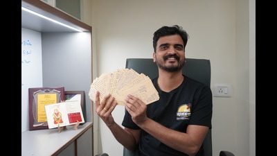Tejas Gokhale with handwritten letters in Marathi. H (HT PHOTO) Tejas Gokhale with handwritten letters in Marathi. H (HT PHOTO)