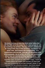 Taylor Swift's post on All Too Well's nomination. Taylor Swift's post on All Too Well's nomination.