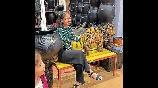 Benches, planters, chairs and bags made from scrap tires are on display.  (Photo: Rajesh Kashyap/HT)