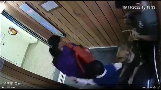 Screengrab from the CCTV camera footage from the lift. (HT Photo)
