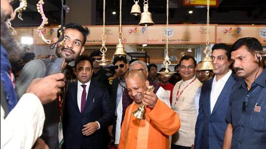 Uttar Pradesh chief minister Yogi Adityanath visits the Uttar Pradesh pavilion at the India International Trade Fair at Pragati Maidan in New Delhi. (ANI PHOTO)