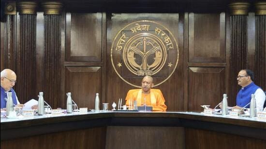 Chief minister Yogi Adityanath chairs an Uttar Pradesh cabinet meeting in Lucknow on Wednesday. (HT PHOTO)