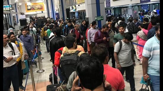Long queues at security checkpoints on Tuesday. (HT PHOTO)